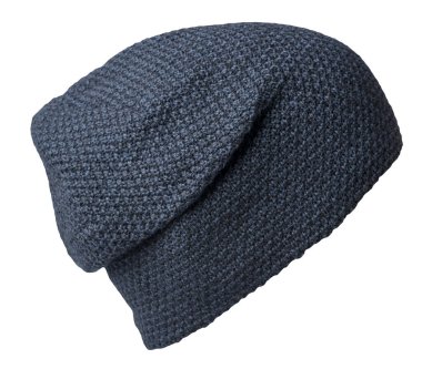 Örgü mavi şapka, beyaz arka planda izole edilmiş. Sıradan moda şapka aksesuarı.