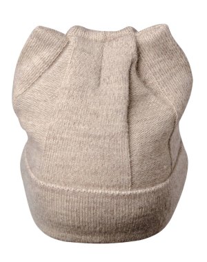 Kadın bej şapkası. Örgü şapka beyaz arkaplanda izole.