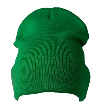 Örgü yeşil şapka, beyaz bir arka planda izole edilmiş. Sıradan bir tarz için moda şapka aksesuarı.