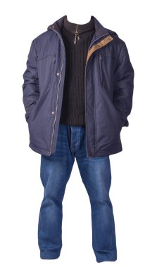 Mavi ceket, siyah kazak ve beyaz arka planda izole edilmiş kot pantolon. Sıradan moda kıyafetleri.