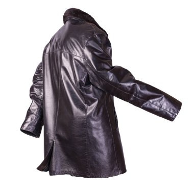 Beyaz arka planda izole edilmiş deri erkek koyun derisi ceket. Kürklü siyah deri erkek ceketi.