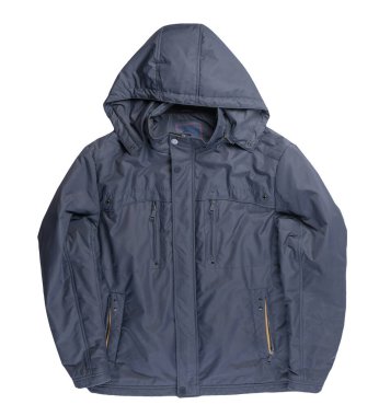 Beyaz arka planda izole edilmiş mavi erkek ceketi. Rüzgarlık ceketli üst manzara. Sıradan stil