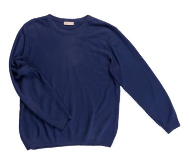 Örülmüş mavi süveter beyaz bir arka planda izole edilmiş. Erkek süveteri, boyun üstü manzarasının altında. Sıradan stil