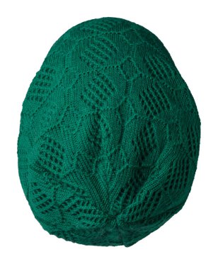 Kadın yeşil şapkası. Örgü şapka beyaz arkaplanda izole.