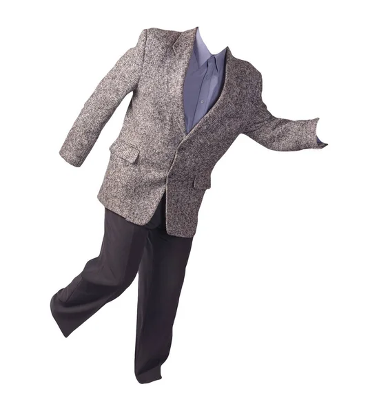 Male Gray Jacket Purple Shirt Black Trousers Isolated White Background — Stock Photo, Image
