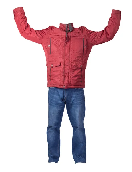 Chaqueta Los Hombres Rojos Pantalones Vaqueros Azules Aislados Ropa Background — Foto de Stock