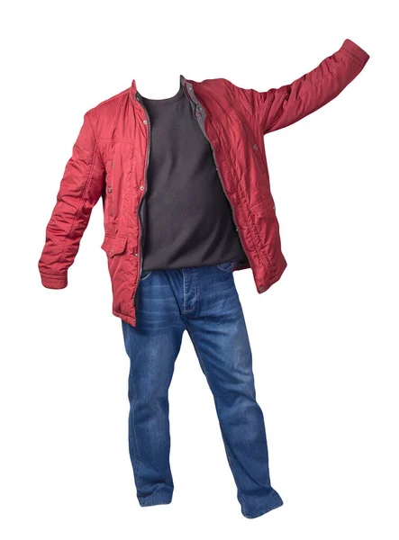 Rote Jacke Schwarzer Pullover Und Blaue Jeans Auf Weißem Hintergrund — Stockfoto