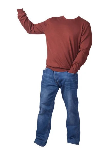 Men Dark Red Sweater Blue Jeans Isolated White Background Casual — Stock Photo, Image
