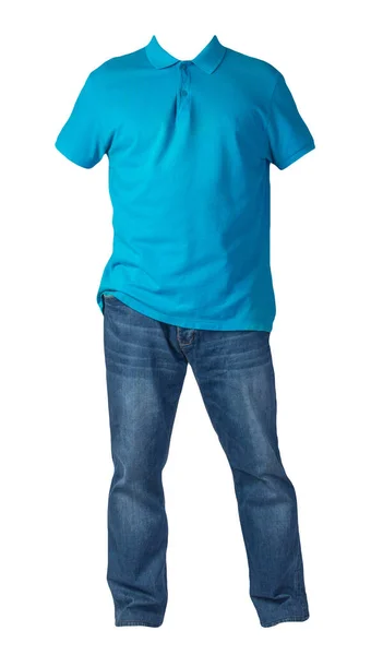 Men Blue Shirt Blue Jeans Isolated White Background Casual Clothing — Stock Photo, Image