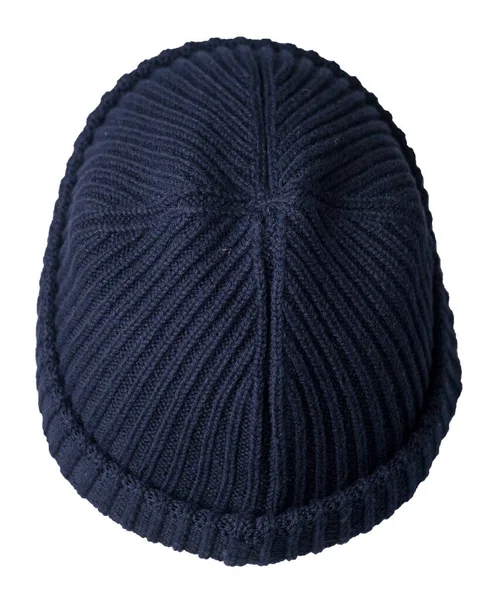 Dockerは白い背景に隔離された濃い青の帽子を編んだ ファッショナブルなラッパーの帽子 帽子の漁師のトップビュー — ストック写真