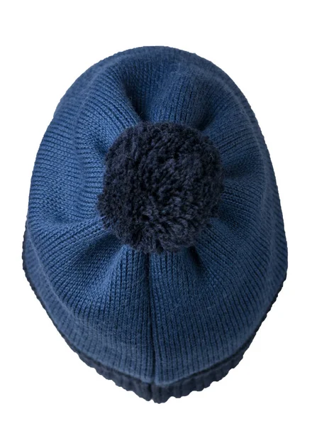 Pletený Modrý Klobouk Izolované Bílém Pozadí Hat Tmavě Modrou Pompézní — Stock fotografie