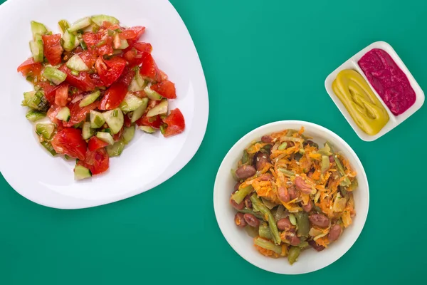 Vegetarischer Salat Mit Gurken Tomaten Und Grünen Zwiebeln Veganer Salat — Stockfoto