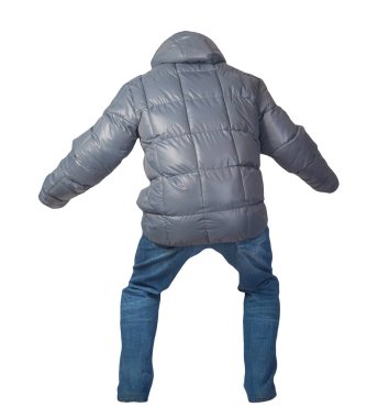 Mavi erkek ceketi ve mavi kot beyaz arka planda izole edilmiş. Günlük kıyafetler.