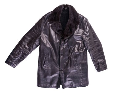 Deri erkek koyun derisi ceket, beyaz arka planda izole edilmiş. Kürk üst görüşlü siyah deri erkek ceketi.