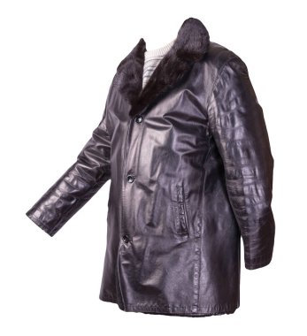 Deri erkek koyun derisi ceket, mavi beyaz süveter, beyaz arka planda izole. Kürklü siyah deri erkek ceketi.