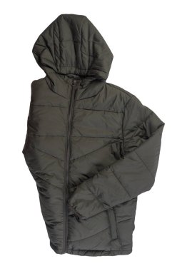 Beyaz arka planda izole edilmiş kapüşonlu bir erkek hakki ceketi. Rüzgarlık ceketli üst manzara. Sıradan stil