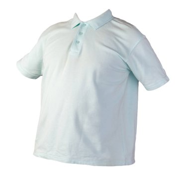  Kısa kollu, düğmeli yakalı, beyaz arka plan pamuklu gömlekli bir turkuaz tişört. Sıradan stil