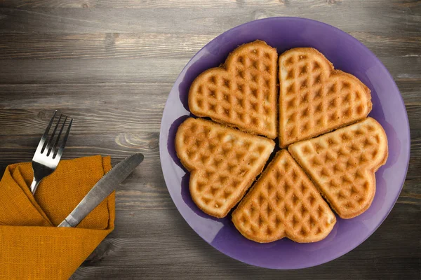 Belgian Waffles Fork Knife Black Wooden Background Waffles Purple Plate — Stock Photo, Image