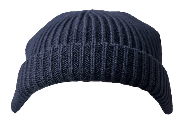 白い背景に隔離されたドッカーダークブルーのニット帽 ファッショナブルなラッパーの帽子 帽子の漁師 — ストック写真