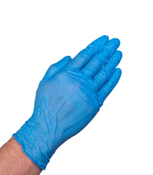 一个戴橡胶手套的男人的手 与一只白色背景的手和一只医疗手套的特写镜头隔离 栗子和鬣狗的概念 预防感染 — 图库照片