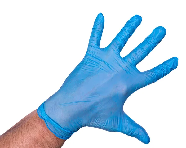 Handen Man Gummihandske Isolerad Vit Bakgrund Hand Medicinsk Handske Närbild — Stockfoto