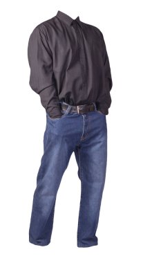 Uzun kollu siyah erkek gömleği ve beyaz arka planda izole edilmiş mavi kot pantolon. gündelik kıyafet