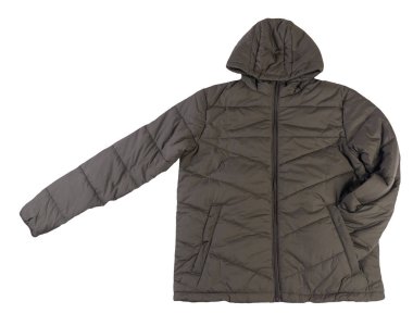 Beyaz arka planda izole edilmiş kapüşonlu koyu yeşil ceketli adamlar. Rüzgarlık ceketli üst manzara. Sıradan stil