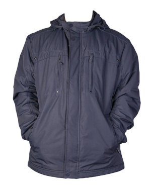 Beyaz arka planda izole edilmiş kapüşonlu erkek mavi ceketi. Rüzgarlık ceketi. Sıradan stil