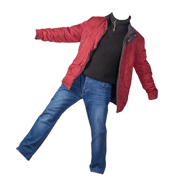 Giacca Rossa Maglione Nero Jeans Blu Isolati Sfondo Bianco Abbigliamento — Foto Stock