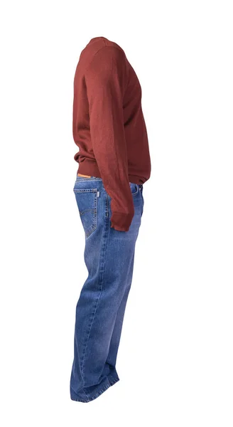 Donkerrode Herentrui Blauwe Jeans Geïsoleerd Witte Achtergrond Casual Kleding — Stockfoto