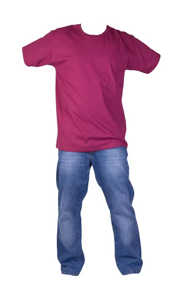 Men Burgundy Shirt Blue Jeans Isolated White Background Casual Clothing — Stock Photo, Image