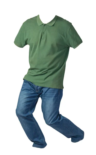 Ανδρικό Σκούρο Πράσινο Shirt Γιακά Κουμπιά Και Μπλε Τζιν Που — Φωτογραφία Αρχείου