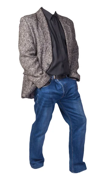 Homme Veste Grise Avec Chemise Noire Jeans Bleus Isolé Sur — Photo