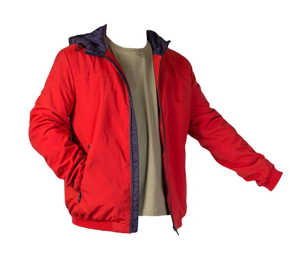 Rote Jacke Mit Reißverschluss Und Olivfarbenes Shirt Auf Weißem Hintergrund — Stockfoto