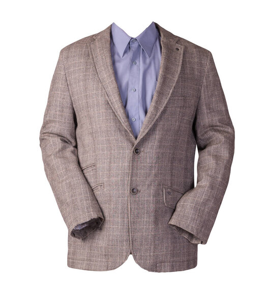 мужчины коричневый пиджак с пуговицами с фиолетовой рубашкой изолированы на белом фоне. Случайный стиль
