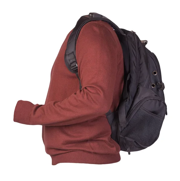 Schwarzer Rucksack Bekleidet Mit Einem Gestrickten Roten Pullover Isoliert Auf — Stockfoto