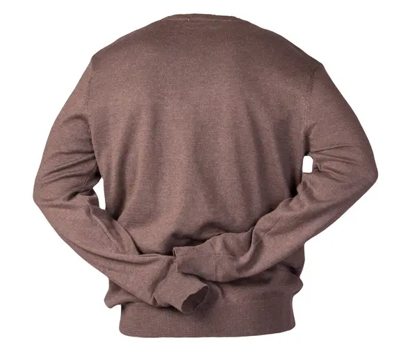 白い背景に隔離された茶色のセーターを編んだ 首の下に男のセーター カジュアルスタイル — ストック写真