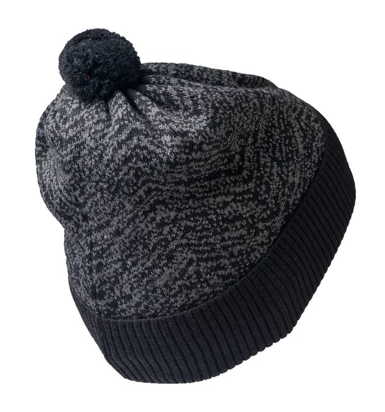 Beyaz Arka Planda Siyah Örülü Gri Şapka Pomponlu Şapka — Stok fotoğraf