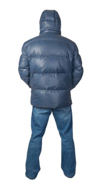 Mavi erkek ceketi ve mavi kot beyaz arka planda izole edilmiş. Günlük kıyafetler.