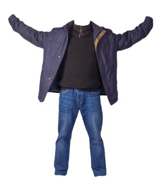 blue jacket,black sweater and blue jeans isolated on white background. casual fashion clothes