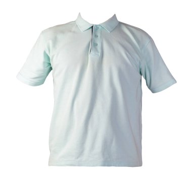 Kısa kollu, düğmeli yakalı, beyaz arka plan pamuklu gömlekli bir turkuaz tişört. Sıradan stil