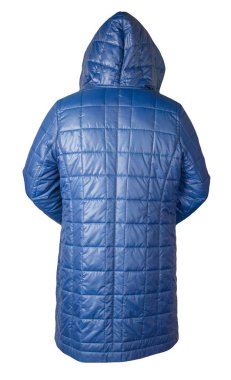 Beyaz arka planda izole edilmiş kapüşonlu kadın mavi ceketi. Sonbahar kadın ceketi yağmurdan ıslanmamış