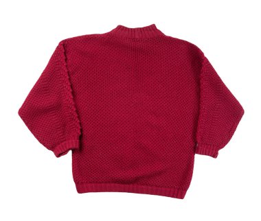 Kadın örgü kırmızı süveter beyaz arka planda izole edilmiş. Sıcak kış kadınlarının süveteri.