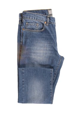 Beyaz arka planda izole edilmiş kot pantolon. Güzel rahat kot üst görünümü .