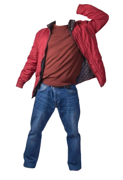 Rote Jacke Dunkelroter Pullover Und Blaue Jeans Auf Weißem Hintergrund — Stockfoto