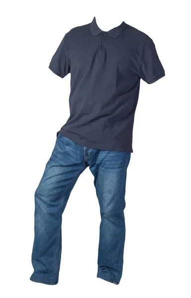 Herren Dunkelblaues Shirt Mit Knopfdruck Kragen Und Blaue Jeans Auf — Stockfoto