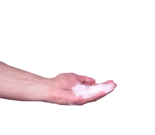 Man Hand Schuim Geïsoleerd Een Witte Achtergrond Handen Dicht Wassen — Stockfoto