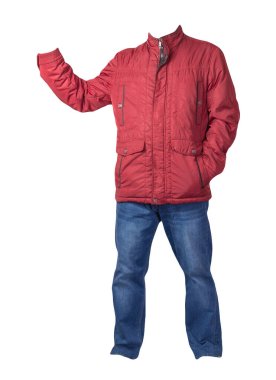 Kırmızı erkek ceketi ve mavi kot beyaz arka planda izole edilmiş. Günlük giysiler.
