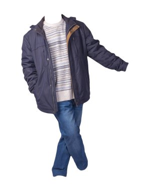 blue jacket, white blue gray sweater and blue jeans isolated on white background. casual fashion clothes