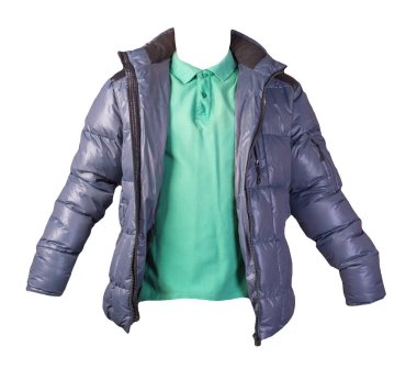 Erkekler için yeşil tişört ve mavi ceket. Beyaz arka planda izole edilmiş. Günlük kıyafetler.